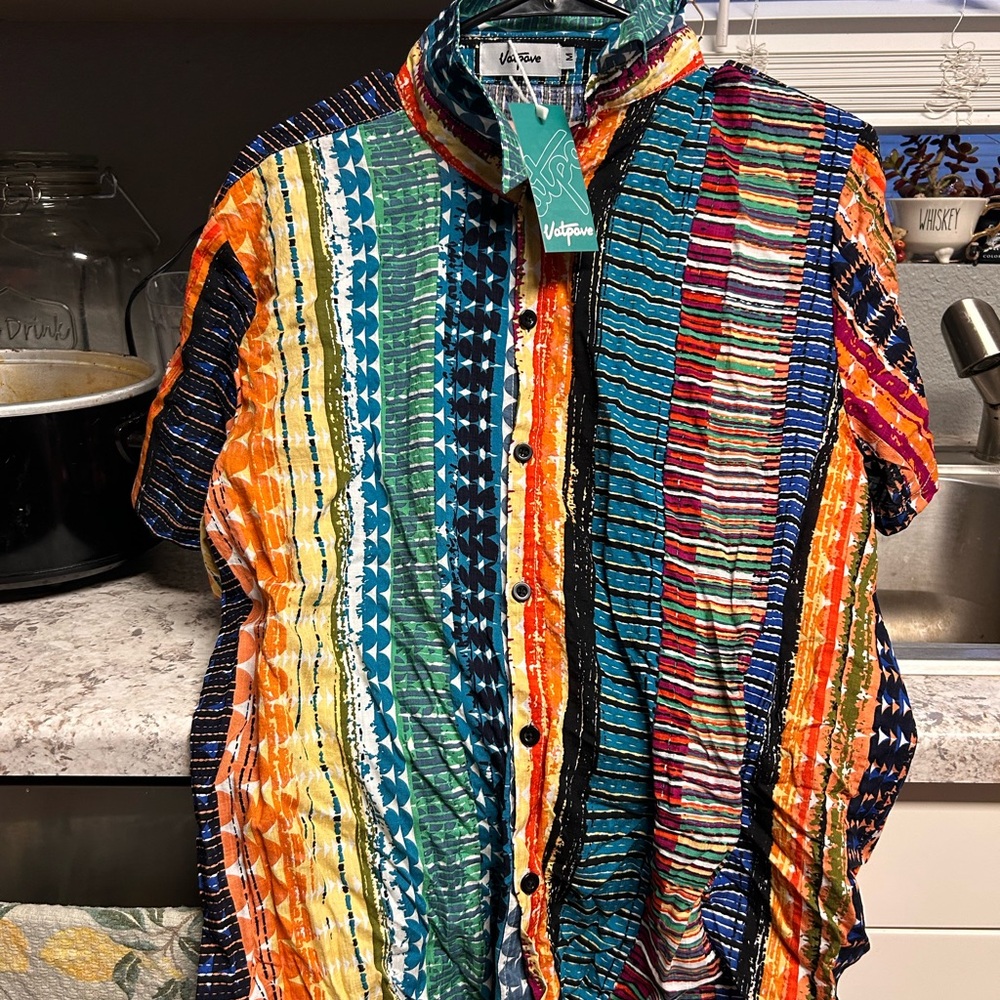 Orange and Blue Short Sleeve Tee with Striking Striped Pattern